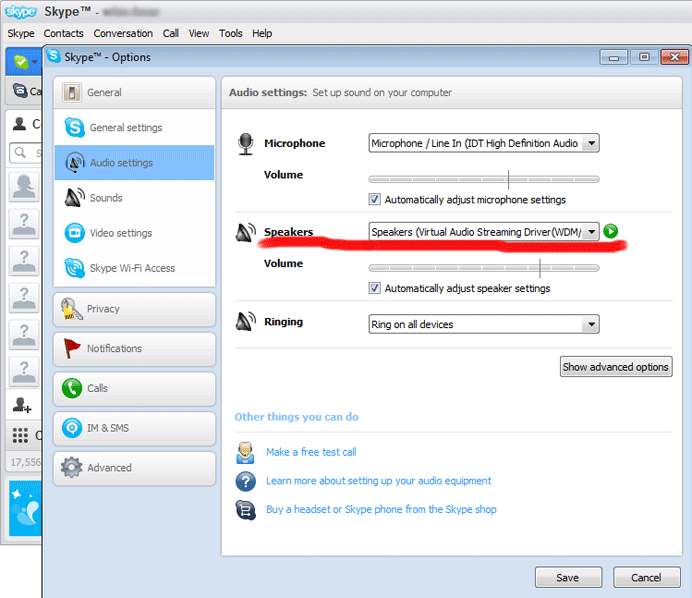 set VirtualAudioStreaming as output speakers in Skype