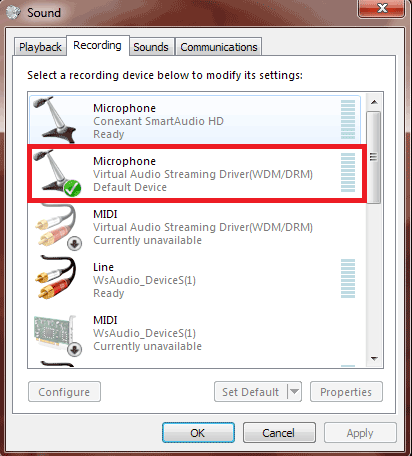set VirtualAudioStreaming as default recording device on Windows7