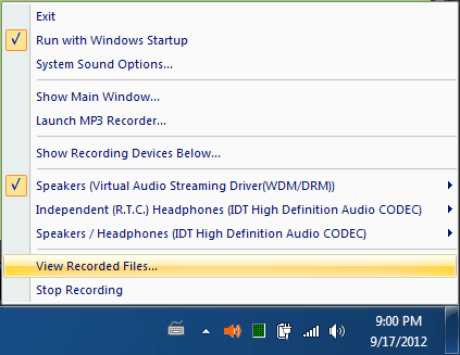 view recorded wav files command of Virtual Audio Streaming systray menu